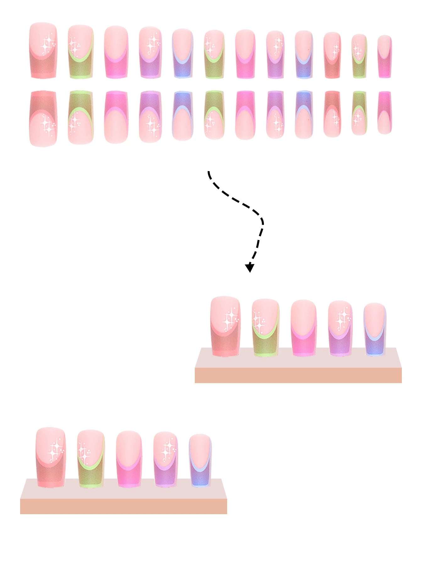 24 Pieces of Medium Coffin Nail Shaped Multicolored French Pattern Fake Nails+1 Jelly Glue+1 Random Color Nail File