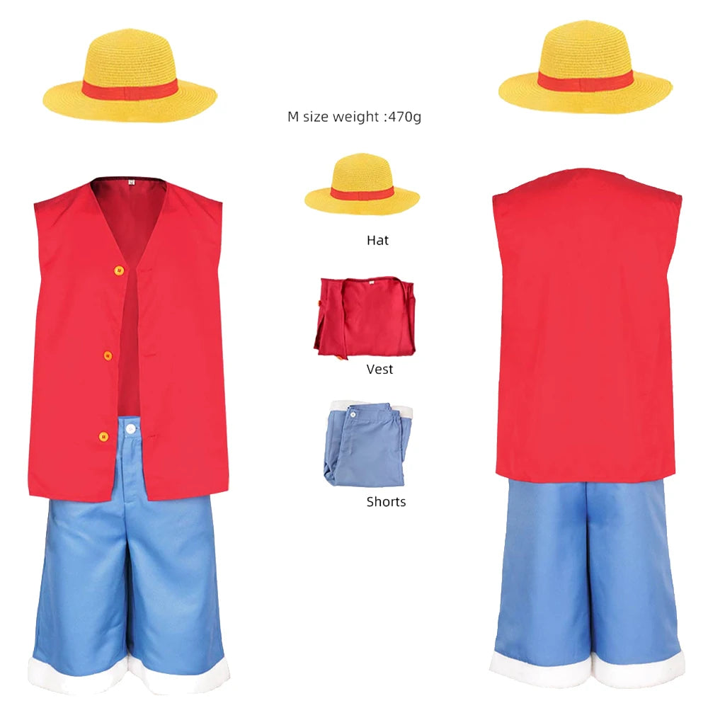 Luffy Cosplay Costume Anime Piece Coat Pants Hat for Kids Children Beach Clothing Halloween Carnival Party Role Play Suit