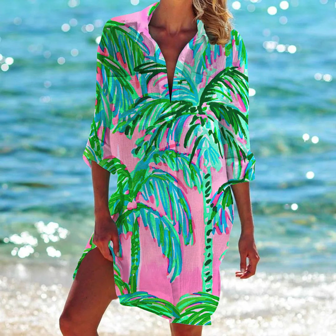 Tropic Plant Print Beach Shirt Women