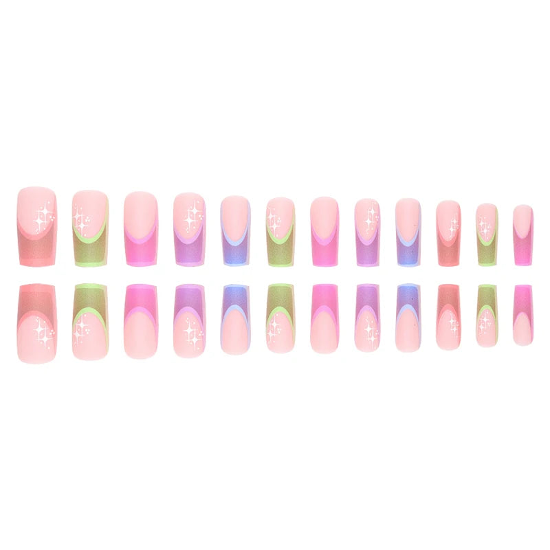 24 Pieces of Medium Coffin Nail Shaped Multicolored French Pattern Fake Nails+1 Jelly Glue+1 Random Color Nail File