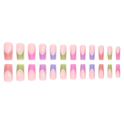 24 Pieces of Medium Coffin Nail Shaped Multicolored French Pattern Fake Nails+1 Jelly Glue+1 Random Color Nail File