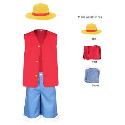 Luffy Cosplay Costume Anime Piece Coat Pants Hat for Kids Children Beach Clothing Halloween Carnival Party Role Play Suit