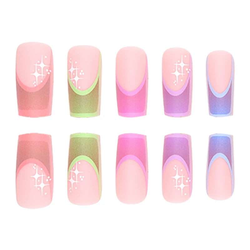 24 Pieces of Medium Coffin Nail Shaped Multicolored French Pattern Fake Nails+1 Jelly Glue+1 Random Color Nail File