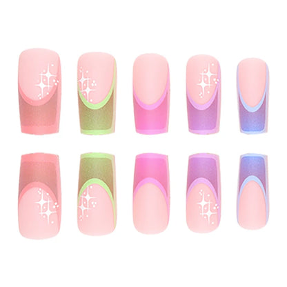 24 Pieces of Medium Coffin Nail Shaped Multicolored French Pattern Fake Nails+1 Jelly Glue+1 Random Color Nail File