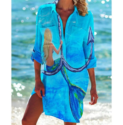 Tropic Plant Print Beach Shirt Women