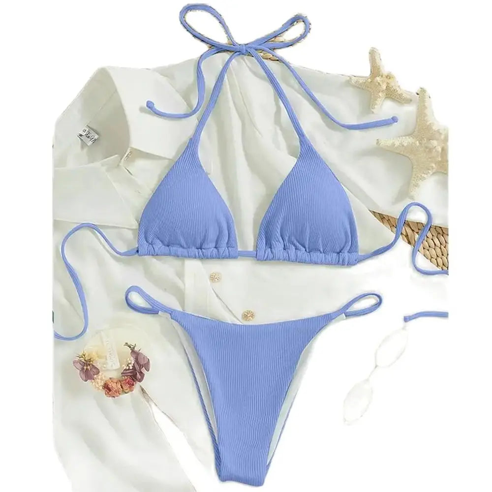 Fashionable Pit Stripe Fabric Bikini