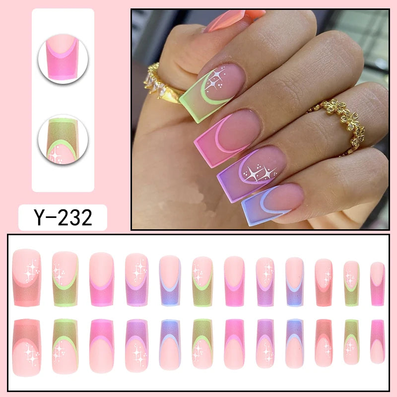 24 Pieces of Medium Coffin Nail Shaped Multicolored French Pattern Fake Nails+1 Jelly Glue+1 Random Color Nail File