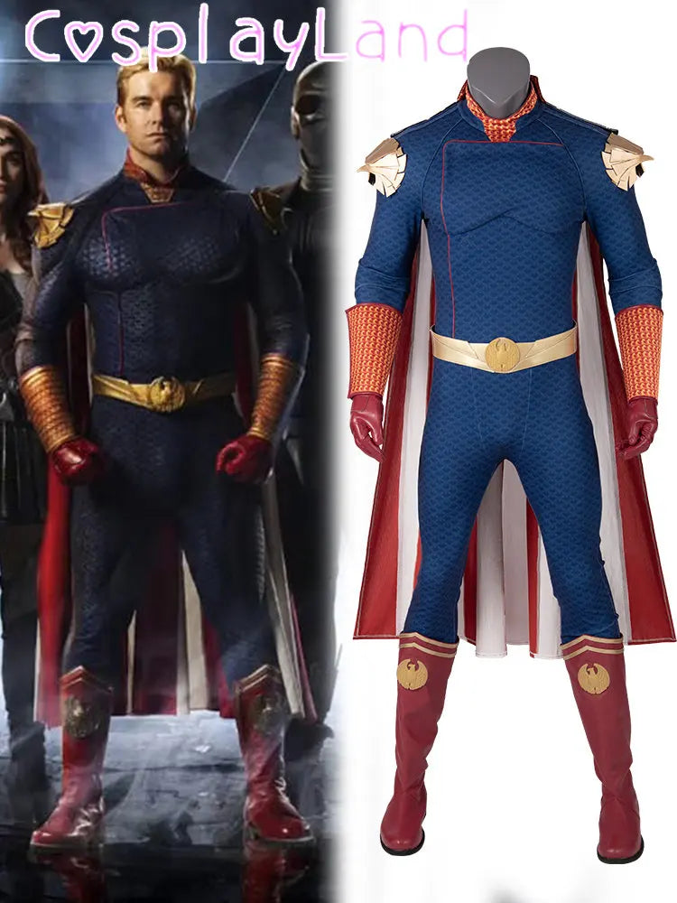 IN Stock The Boys Homelander Cospaly Superhero Costume Adult Halloween Costumes Antony Starr Jumpsuit with Cloak Shoes Bodysuit